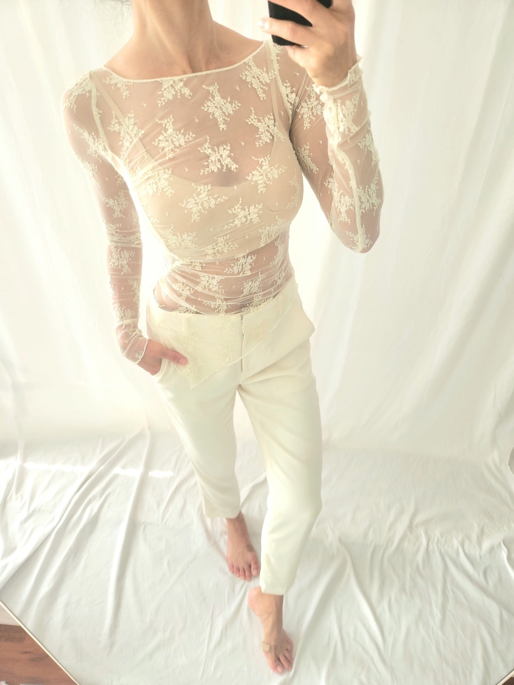 Free People Sheer Lace Long-Sleeve Top in Ivory